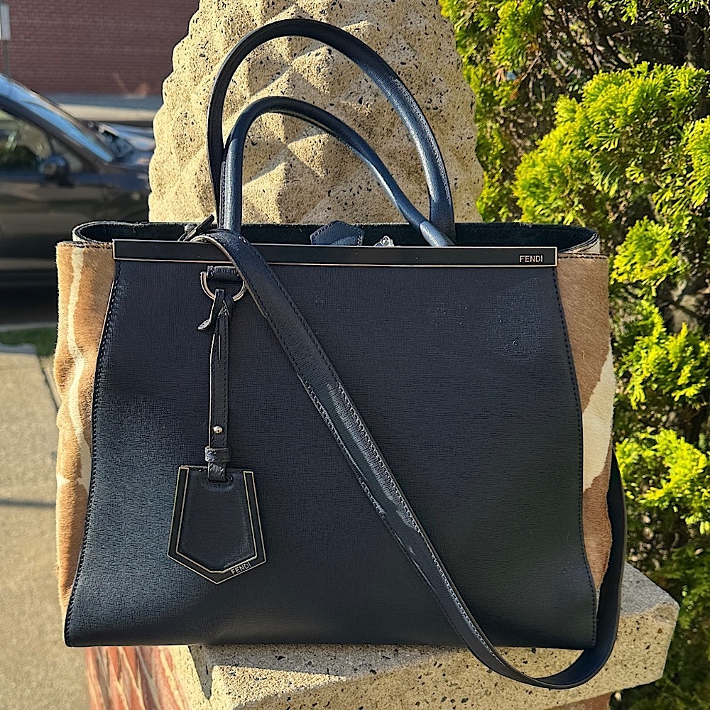 EUC Fendi 2Jours Leather Satchel Navy Leather ( tan and white pony hair trim)